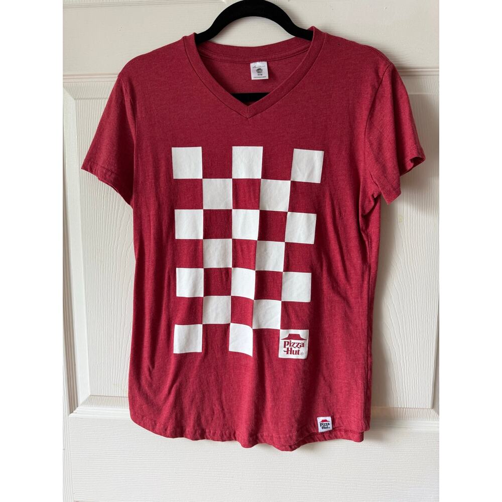 Pizza‎ Hut Checkerboard Graphic V-Neck Tee Red Women's Medium Fast Food Uniform